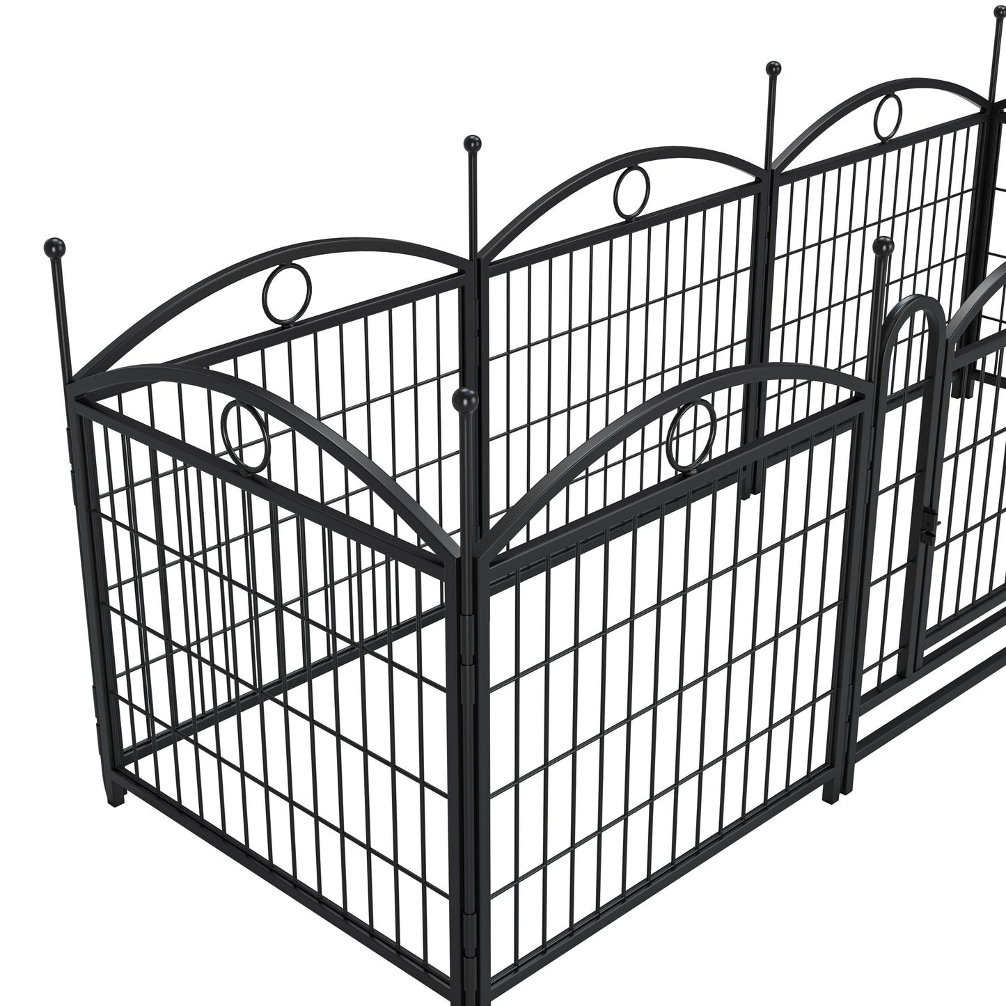 Black wrought iron pet playpen with arched top panels and decorative finials