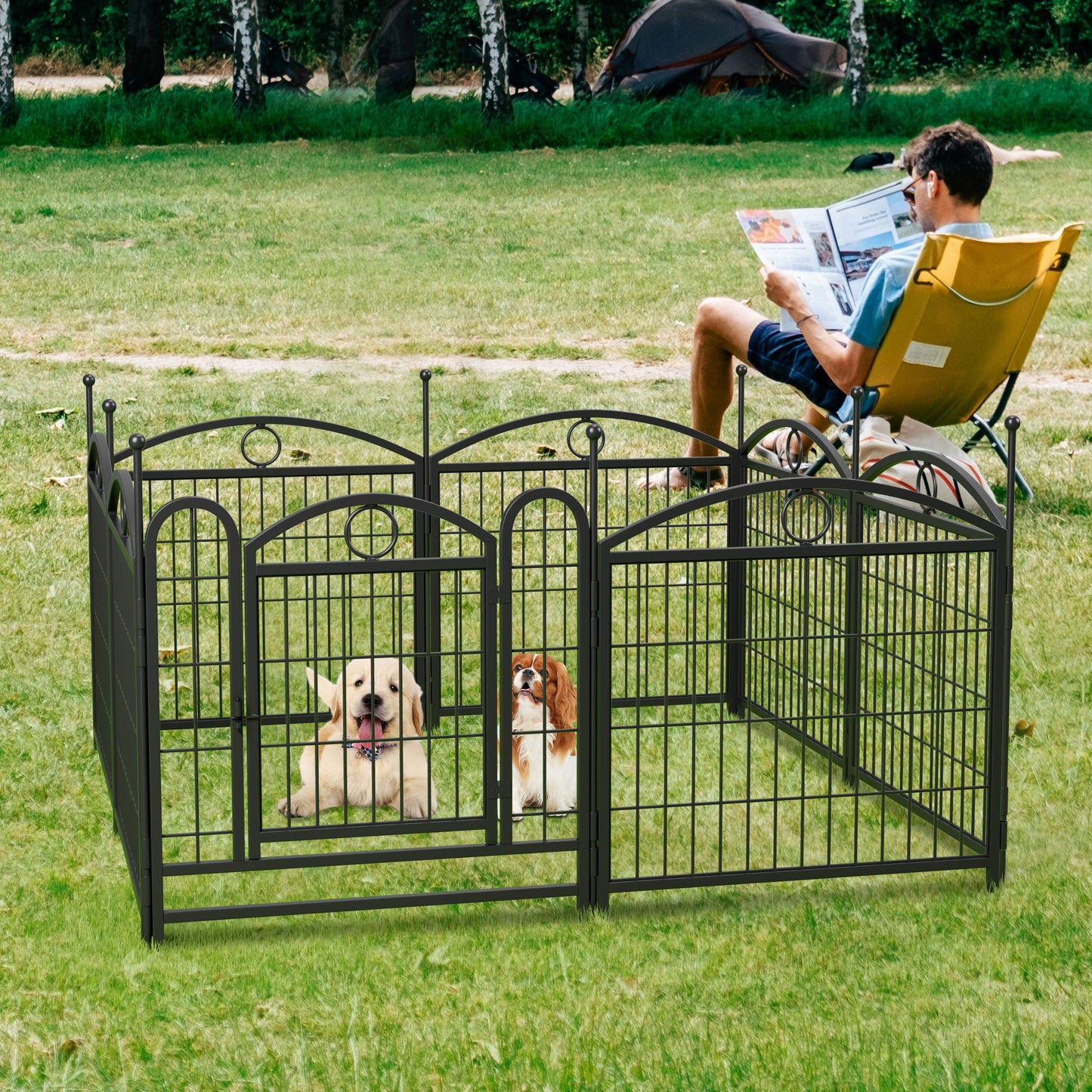 Black metal outdoor dog kennel with two playful puppies suitable for yard use