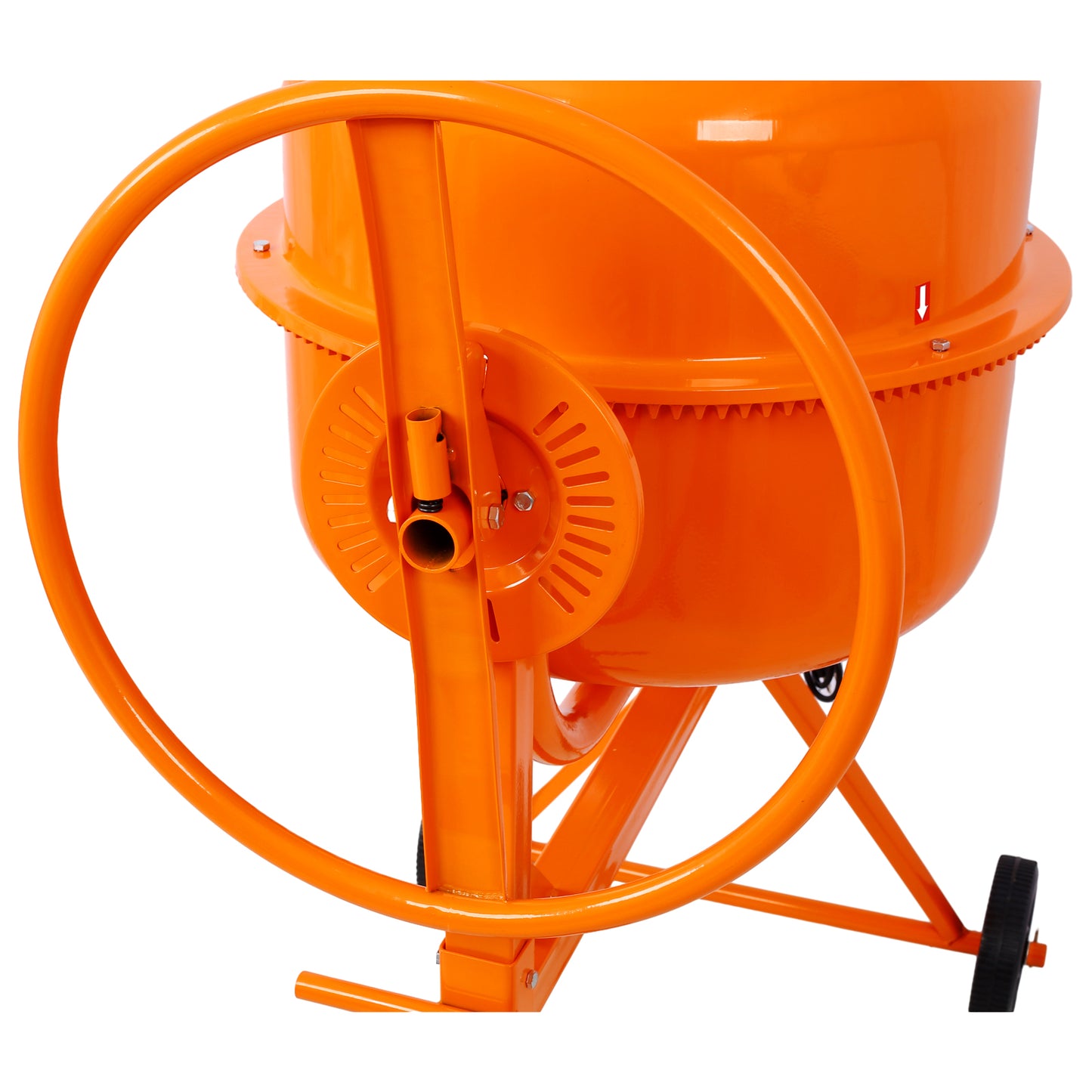 Orange portable cement mixer with large wheel and sturdy frame