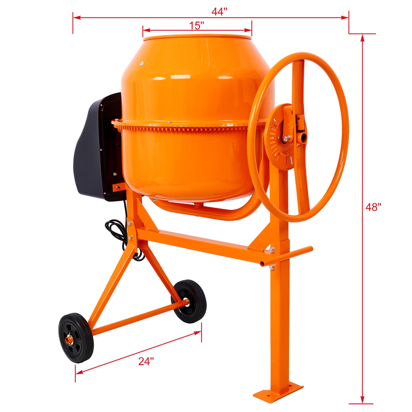 Compact orange cement mixer with sturdy frame and manual tilt wheel for easy pouring