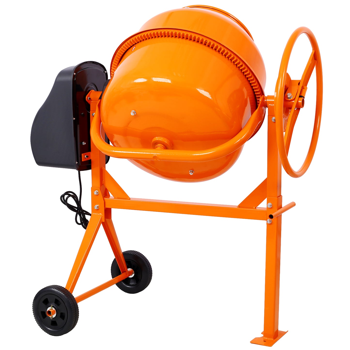 Orange electric cement mixer with sturdy frame and large mixing drum for construction projects