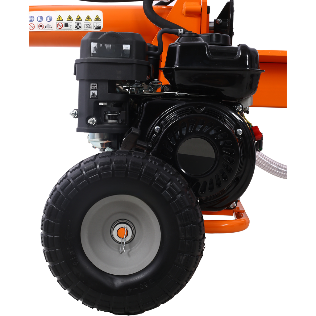 Orange gas log splitter engine and large wheel with textured tire