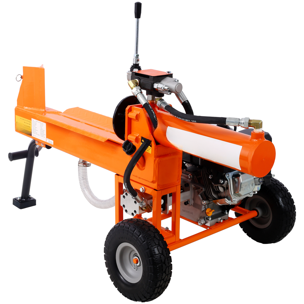 Orange heavyduty log splitter with hydraulic ram and wheels