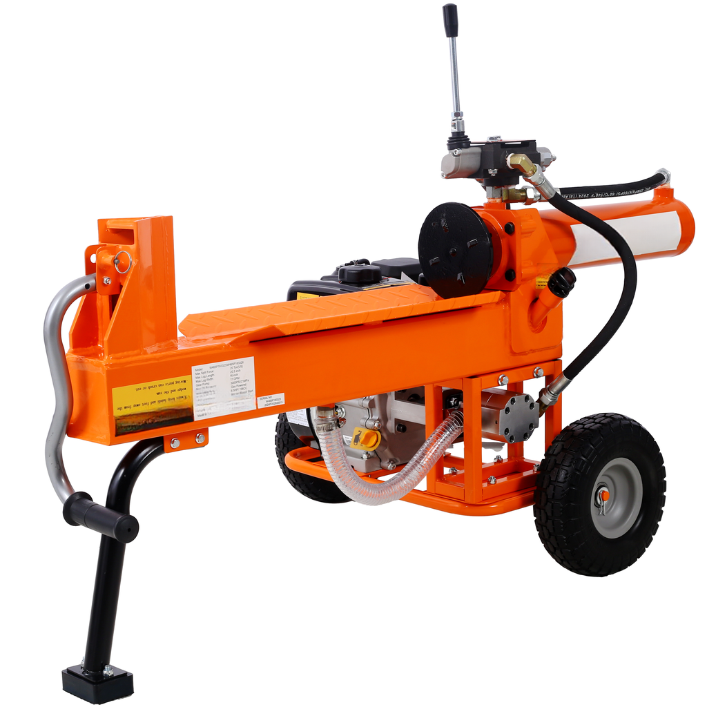 Orange gaspowered log splitter with sturdy wheels and control levers