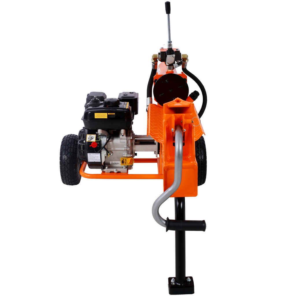 Orange gaspowered log splitter with a black engine and heavyduty wheels