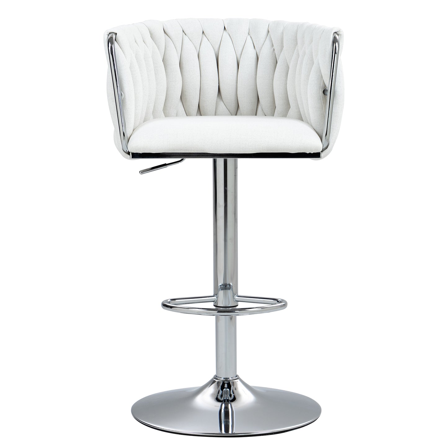 Modern white tufted bar stool with chrome accents and adjustable height