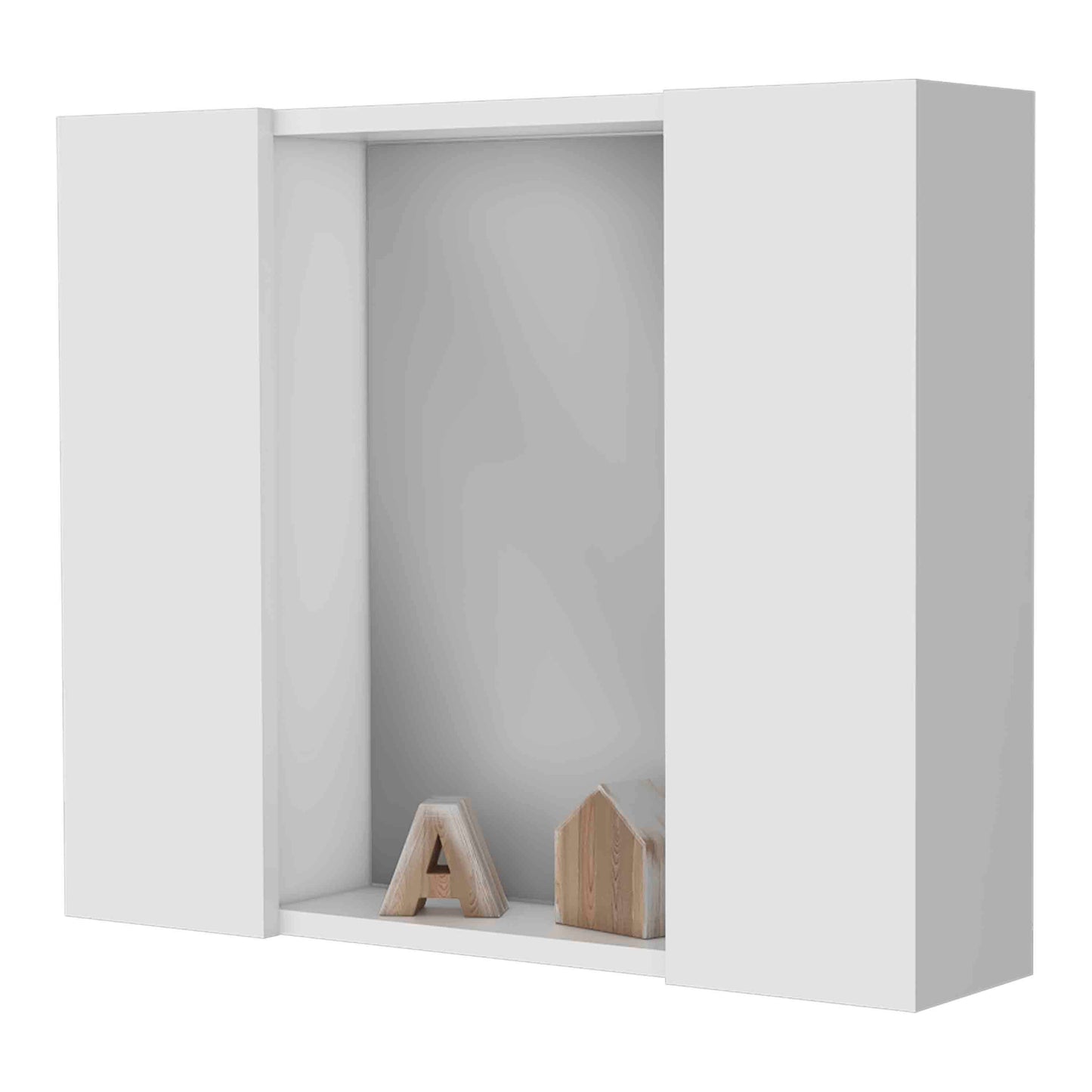 White wall mounted cabinet with open shelf displaying decorative wooden A letter and house