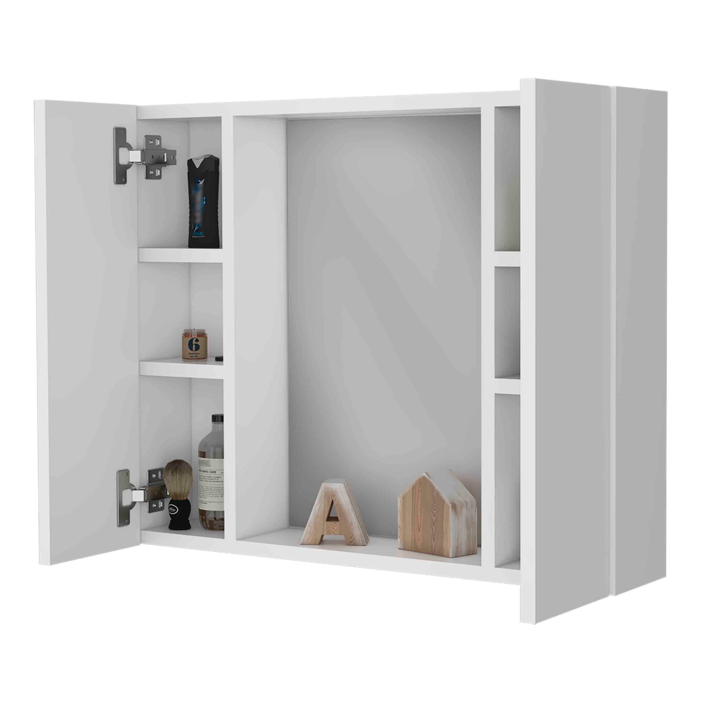 Modern white bathroom cabinet with mirrored doors and open shelving for storage