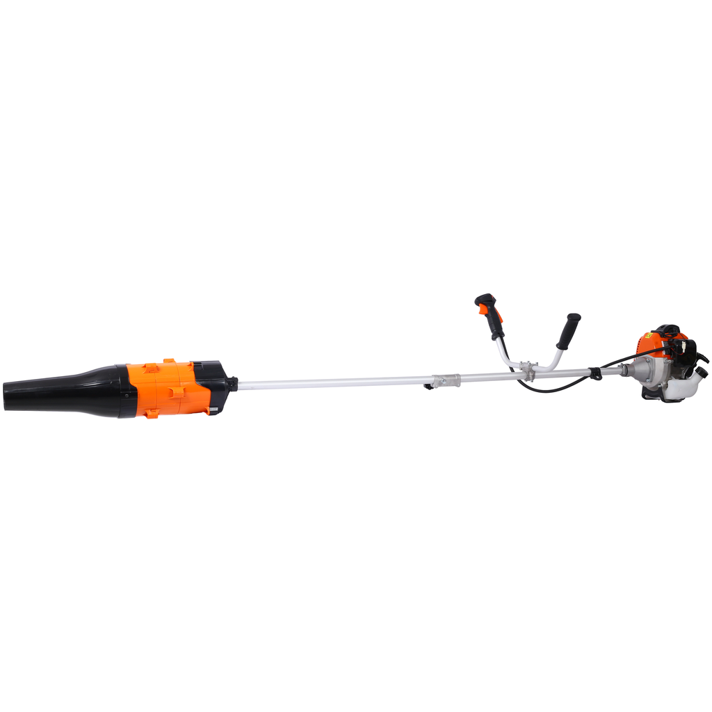 Orange and black gaspowered leaf blower with adjustable handles for yard work