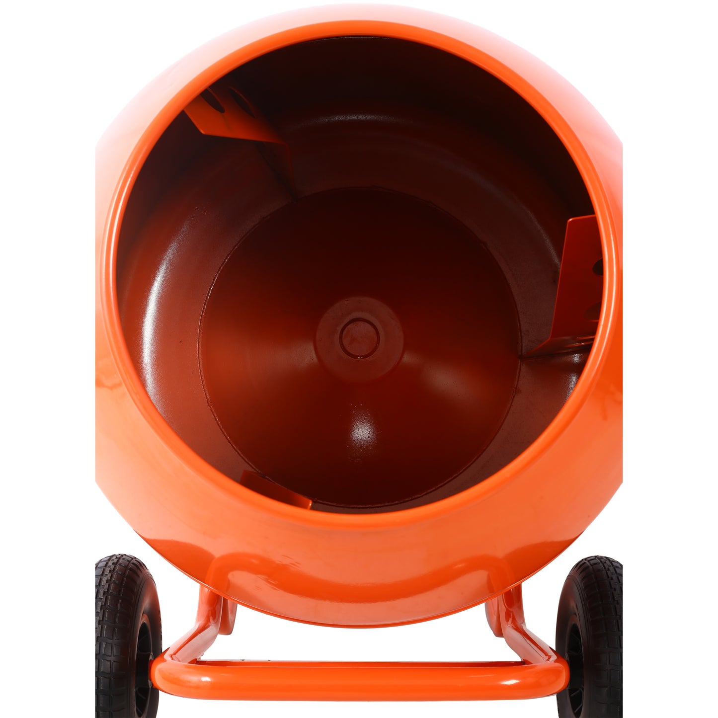 Orange portable cement mixer drum with internal paddles and wheels