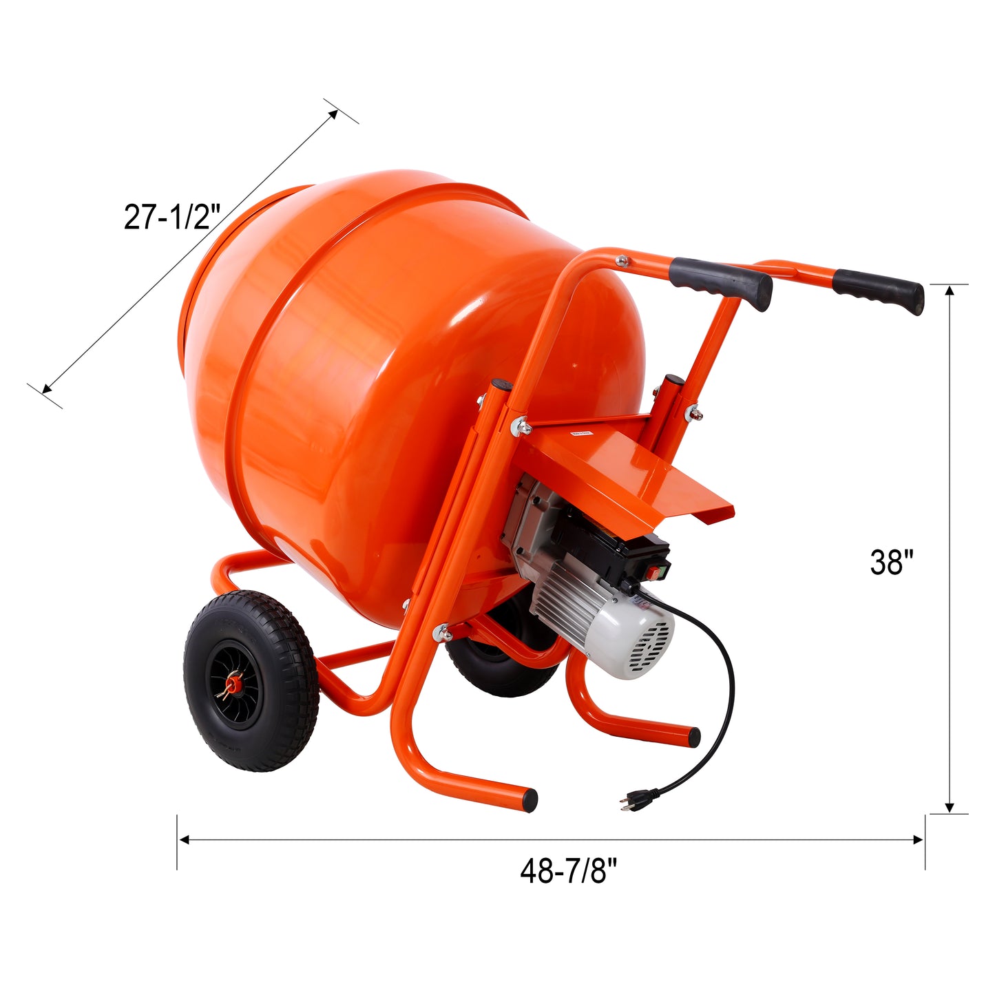 Orange electric cement mixer with black wheels and rubber grips on handles