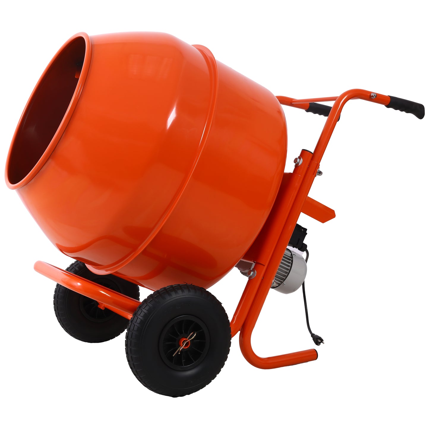 Orange electric cement mixer with two wheels and handle for construction