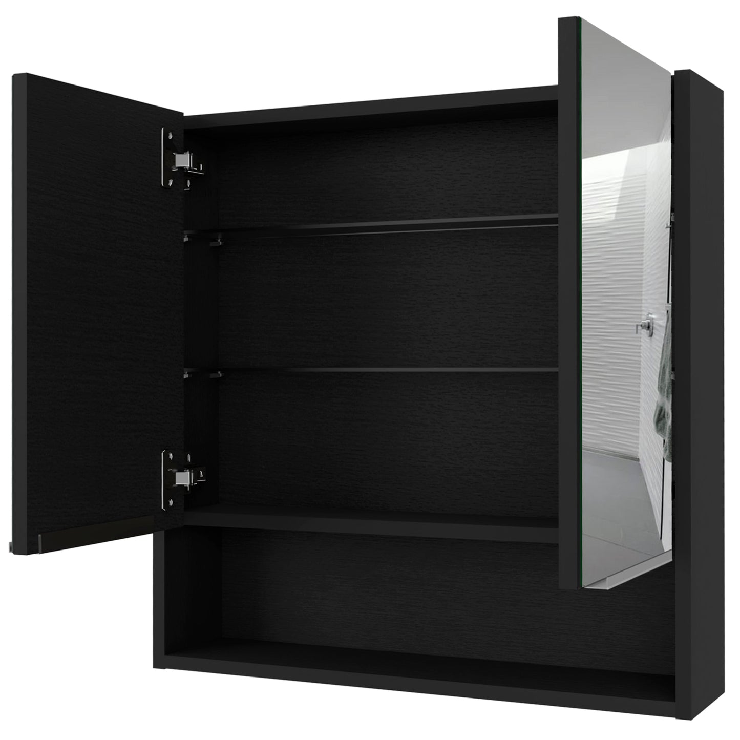 Black modern medicine cabinet with mirrored door and internal shelves