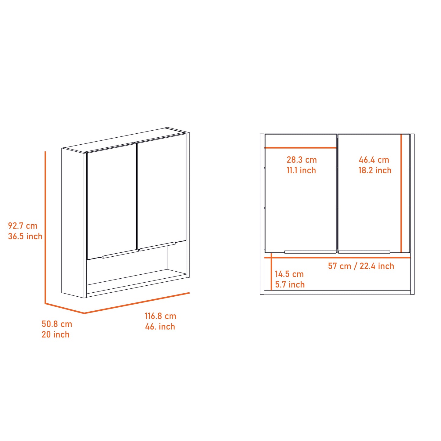 Line drawing of a modern cabinet with two doors and an open shelf