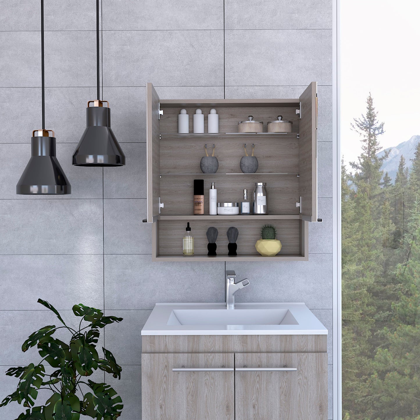 Modern grey bathroom vanity with light wood grain finish and silver handles featuring ample storage