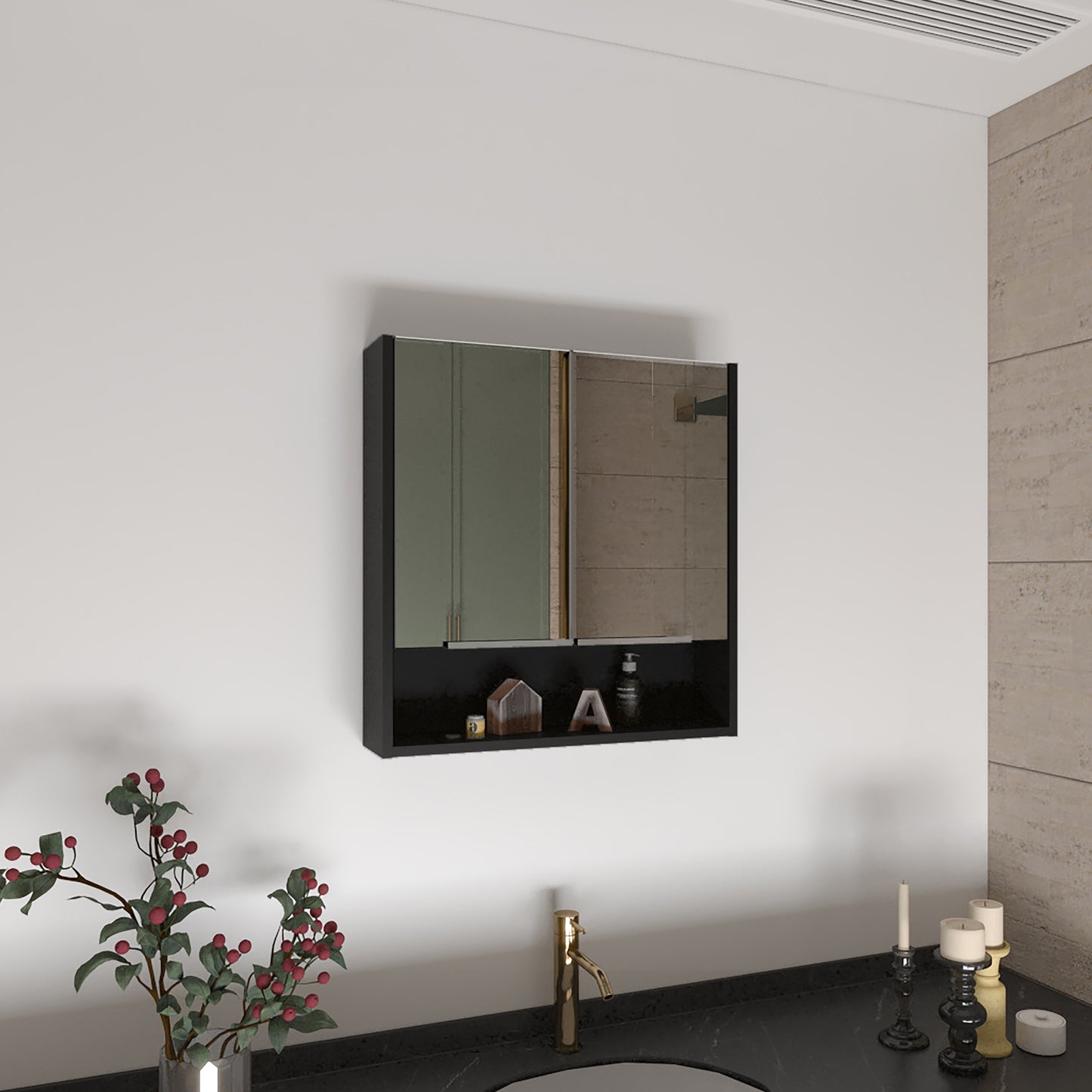 Modern black medicine cabinet with mirrored doors and interior shelf