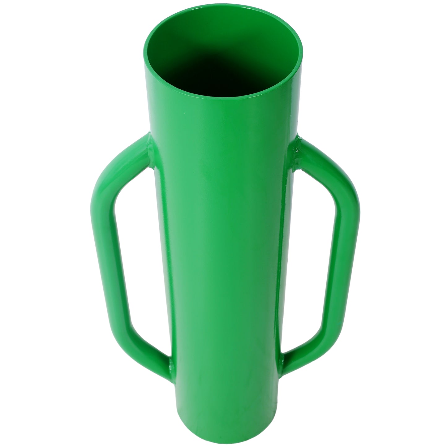 Green metal fence post driver with two handles for easy manual installation of posts