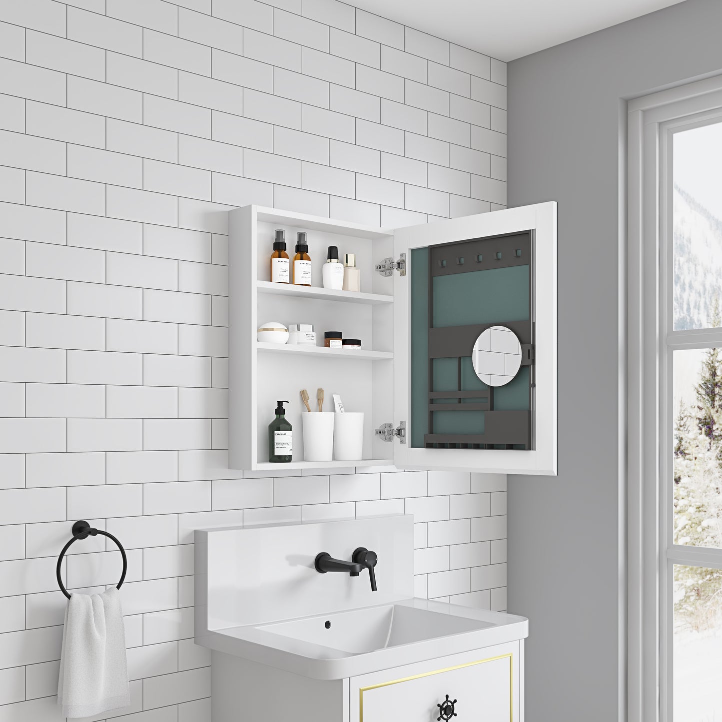 White medicine cabinet with open door displaying shelves of toiletries