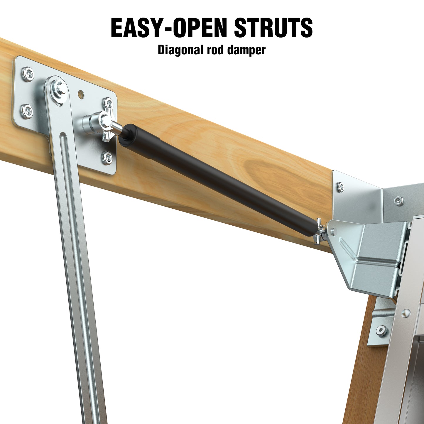 Metal diagonal rod damper for attic stair easyopen struts chrome finish and black cylinder