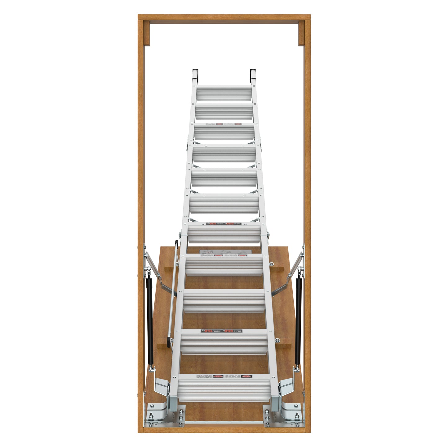 Heavyduty aluminum attic ladder extended for access featuring a wooden frame and gas springs