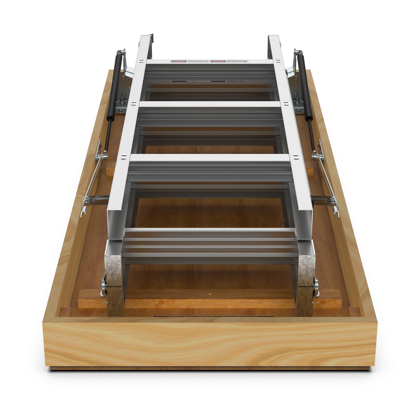 Retractable aluminum attic ladder with wooden frame and gas struts