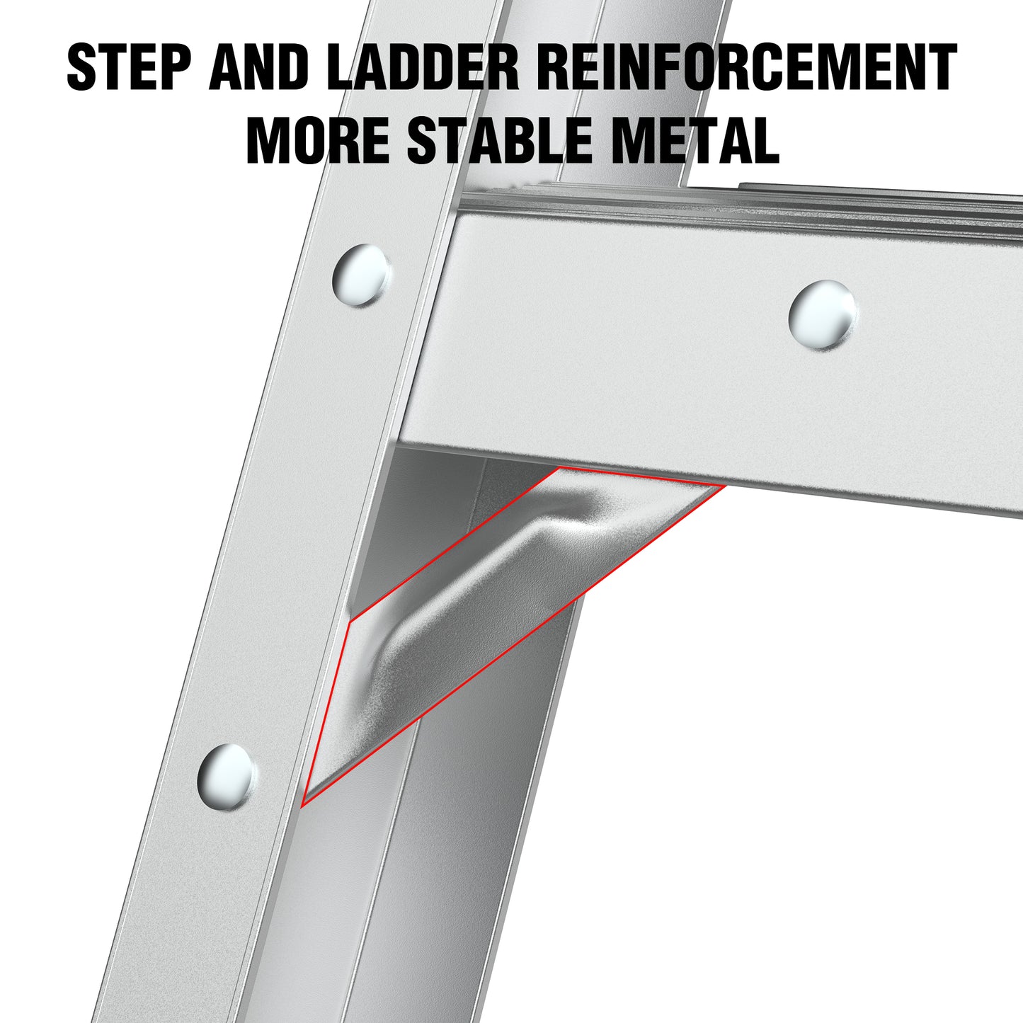 Closeup of silver aluminum ladder support brace detail showcasing enhanced stability