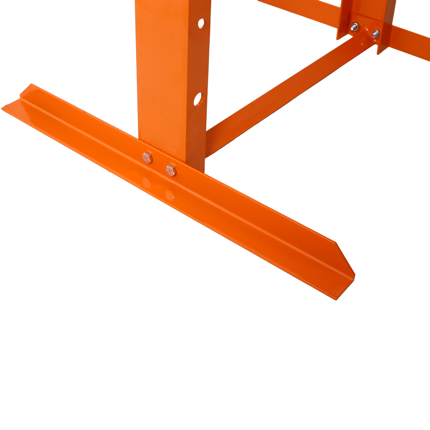 Orange steel garage shelf bracket with bolt holes