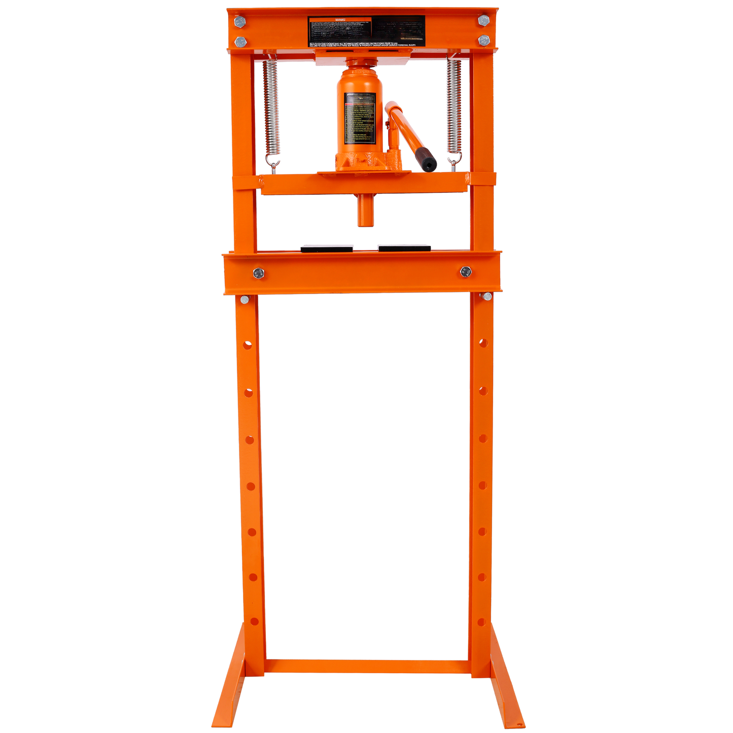 Orange hydraulic press with a ton capacity and adjustable height