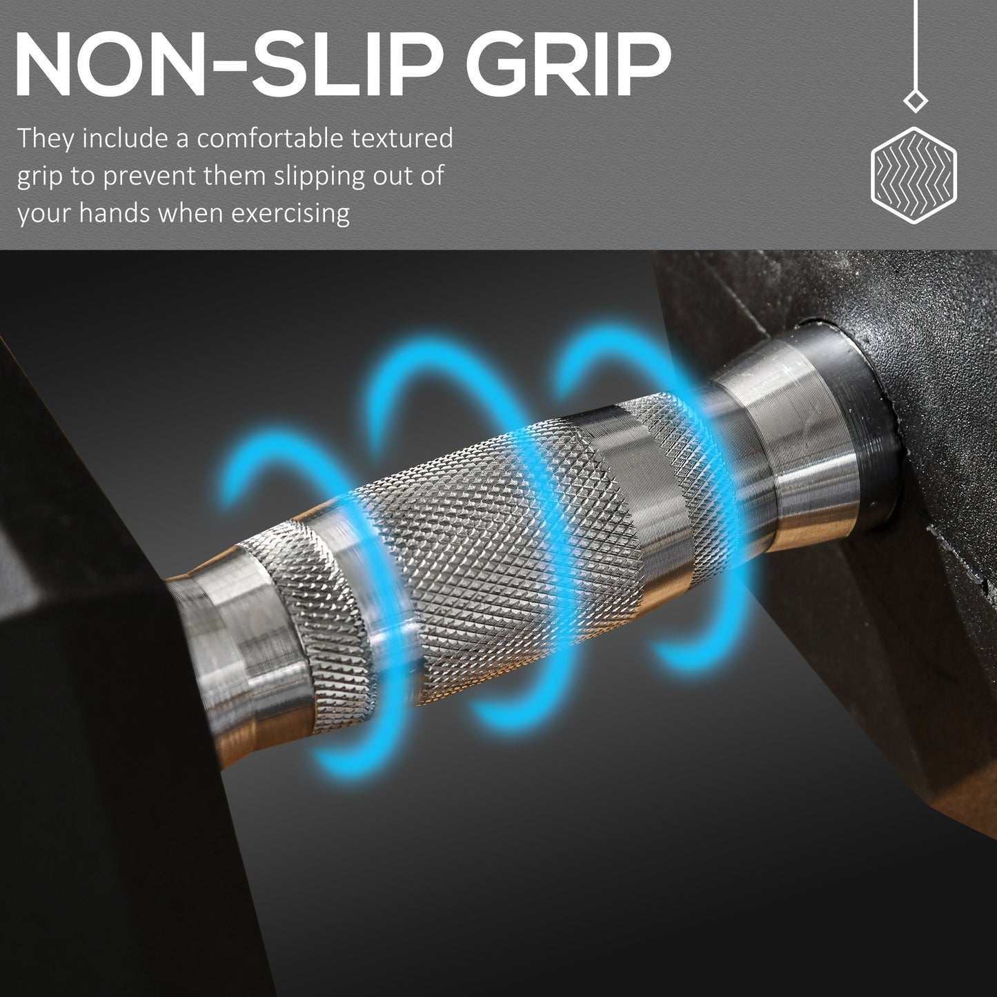 Closeup of textured metal grip on a hex dumbbell highlighting nonslip workout