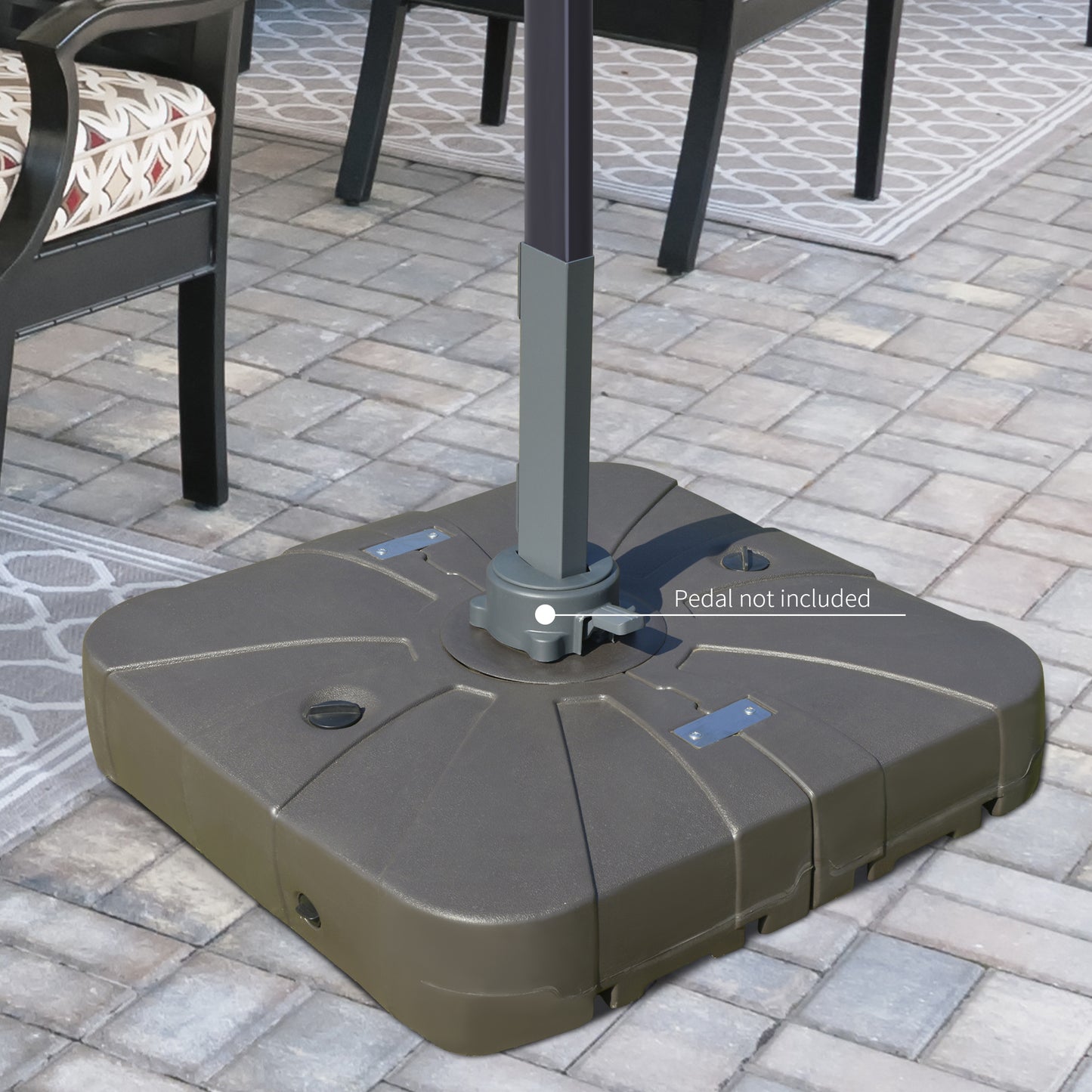 Square patio umbrella base in dark gray designed for outdoor stability