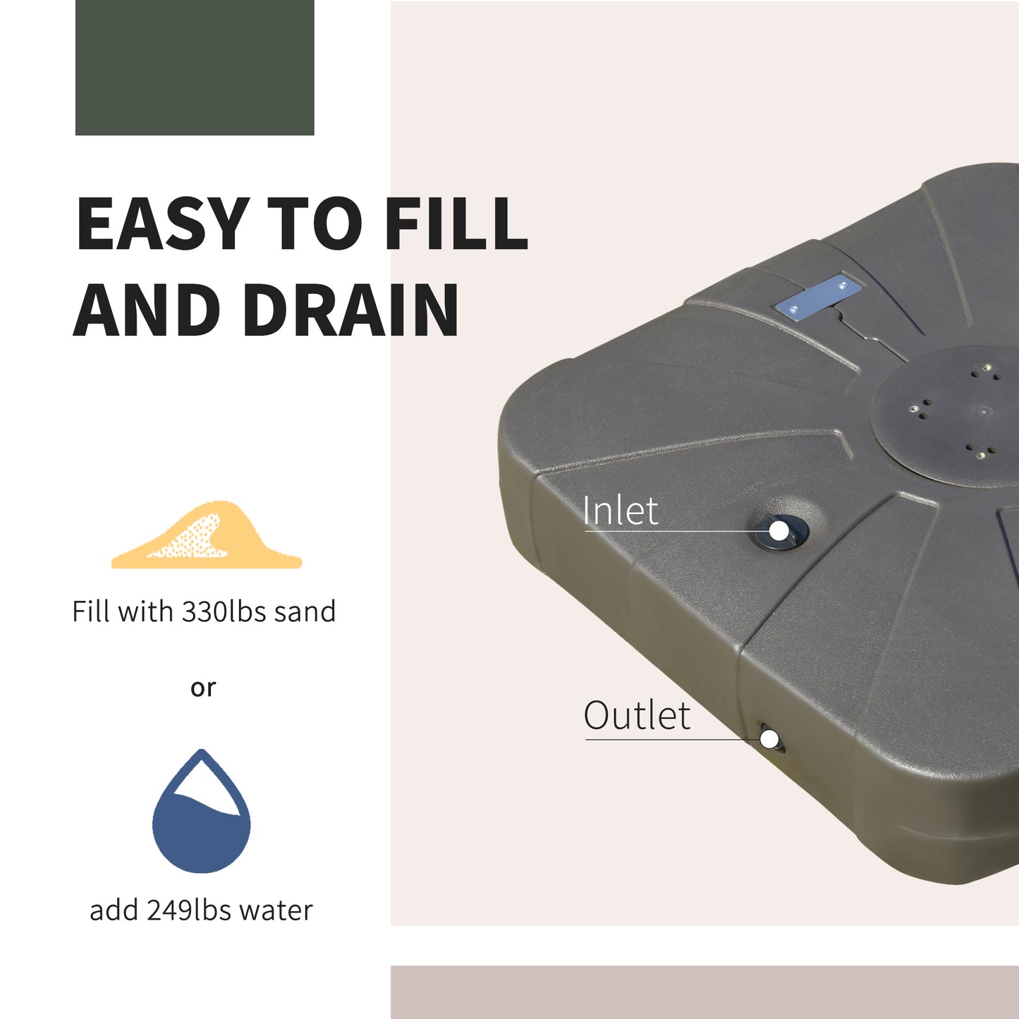 Dark gray plastic patio umbrella base with fillable sand or water options