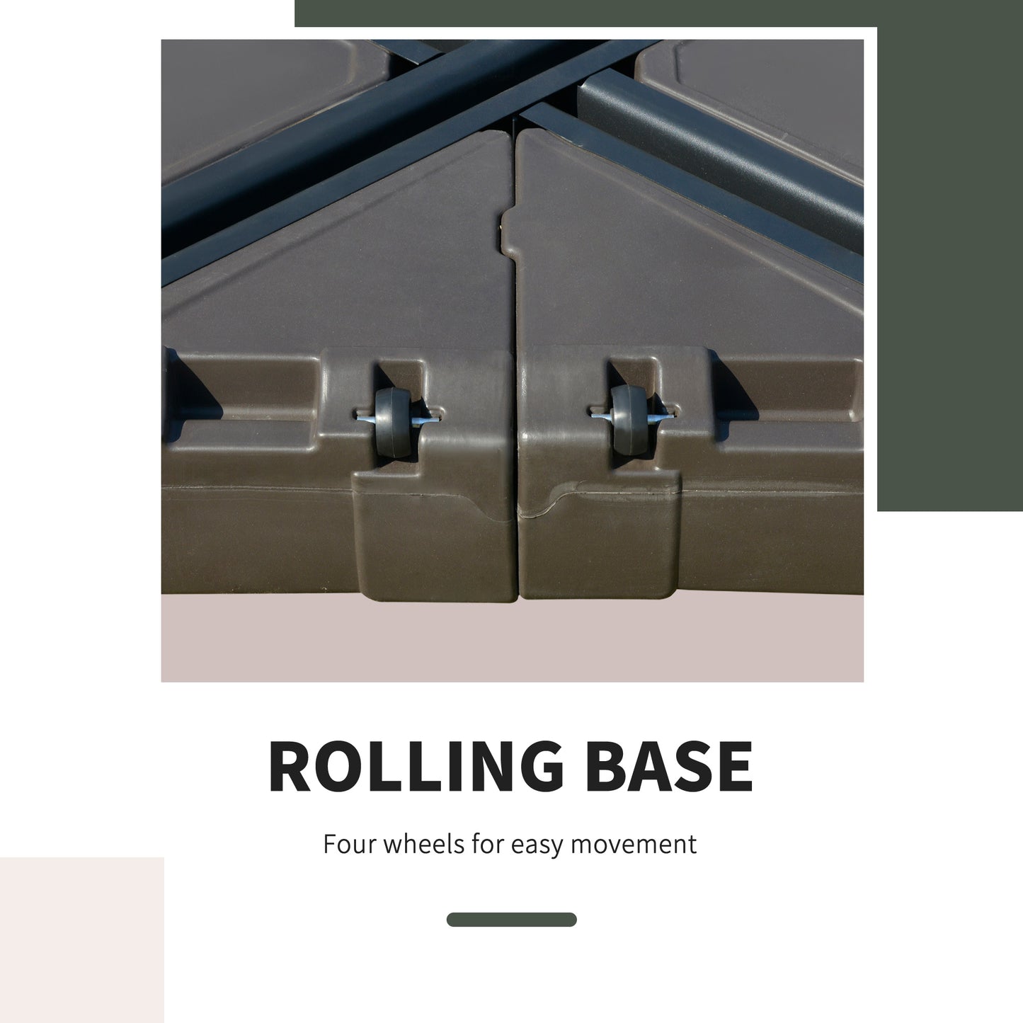 Dark brown rolling base with four black wheels for easy movement on a patio