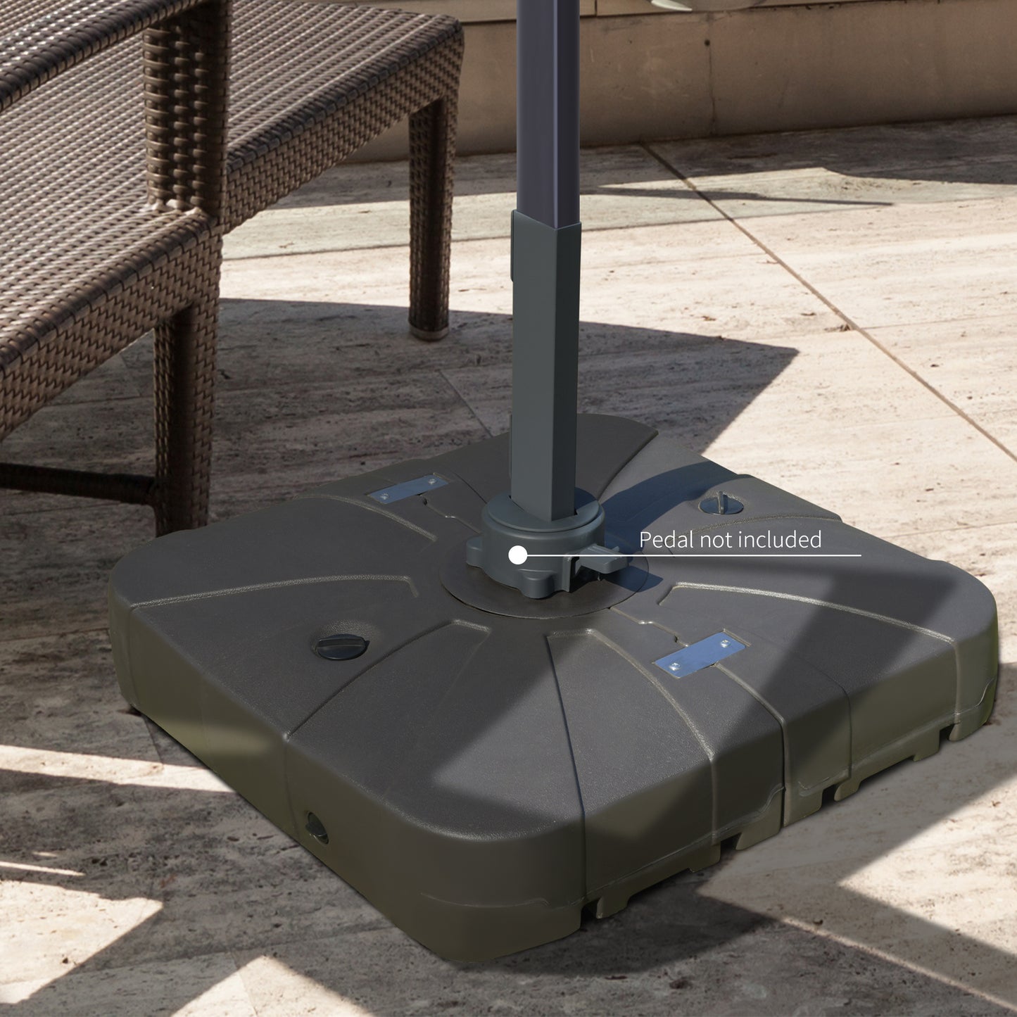 Dark gray plastic patio umbrella base with integrated handle and wheels for easy movement