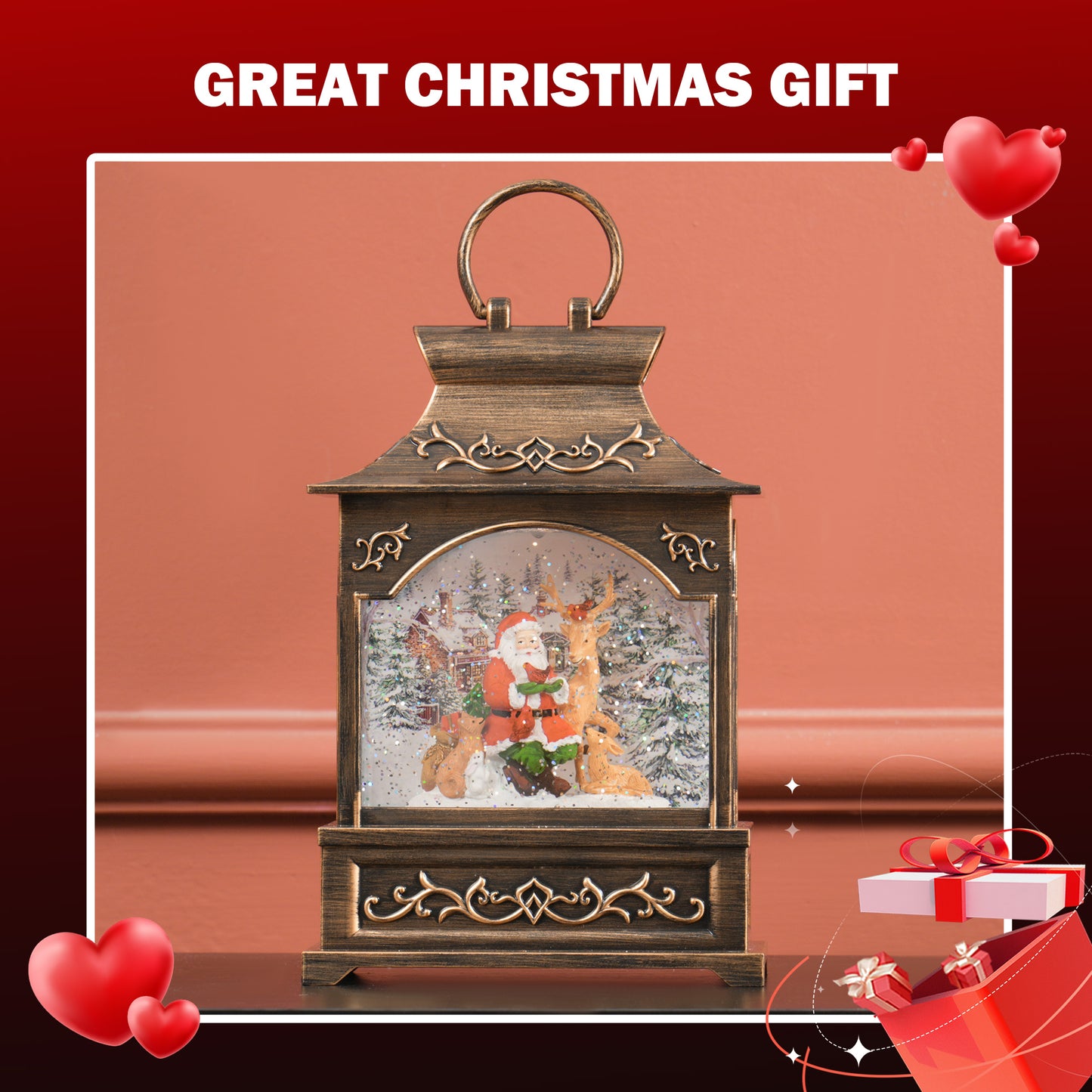 Antique gold Christmas lantern with Santa reindeer and snow scene inside