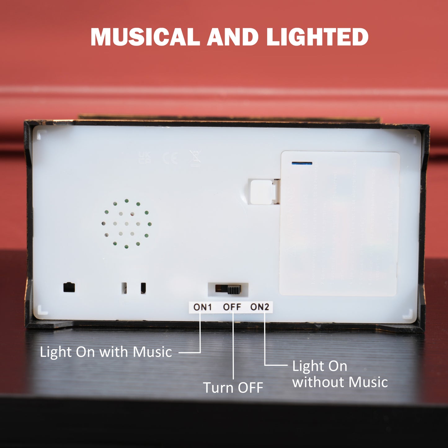 Back view of a white musical and lighted decoration with ON OFF ON switches
