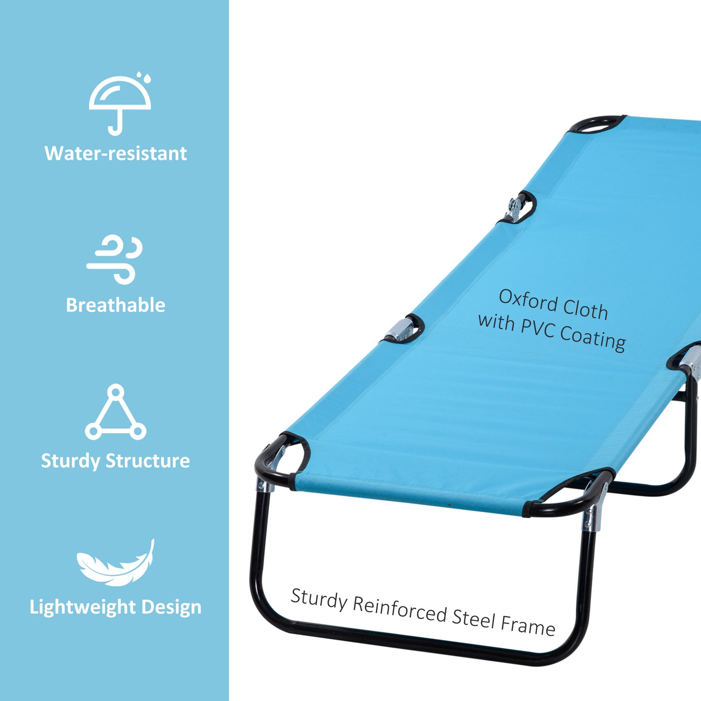 Blue Oxford cloth camping cot with PVC coating and reinforced steel frame