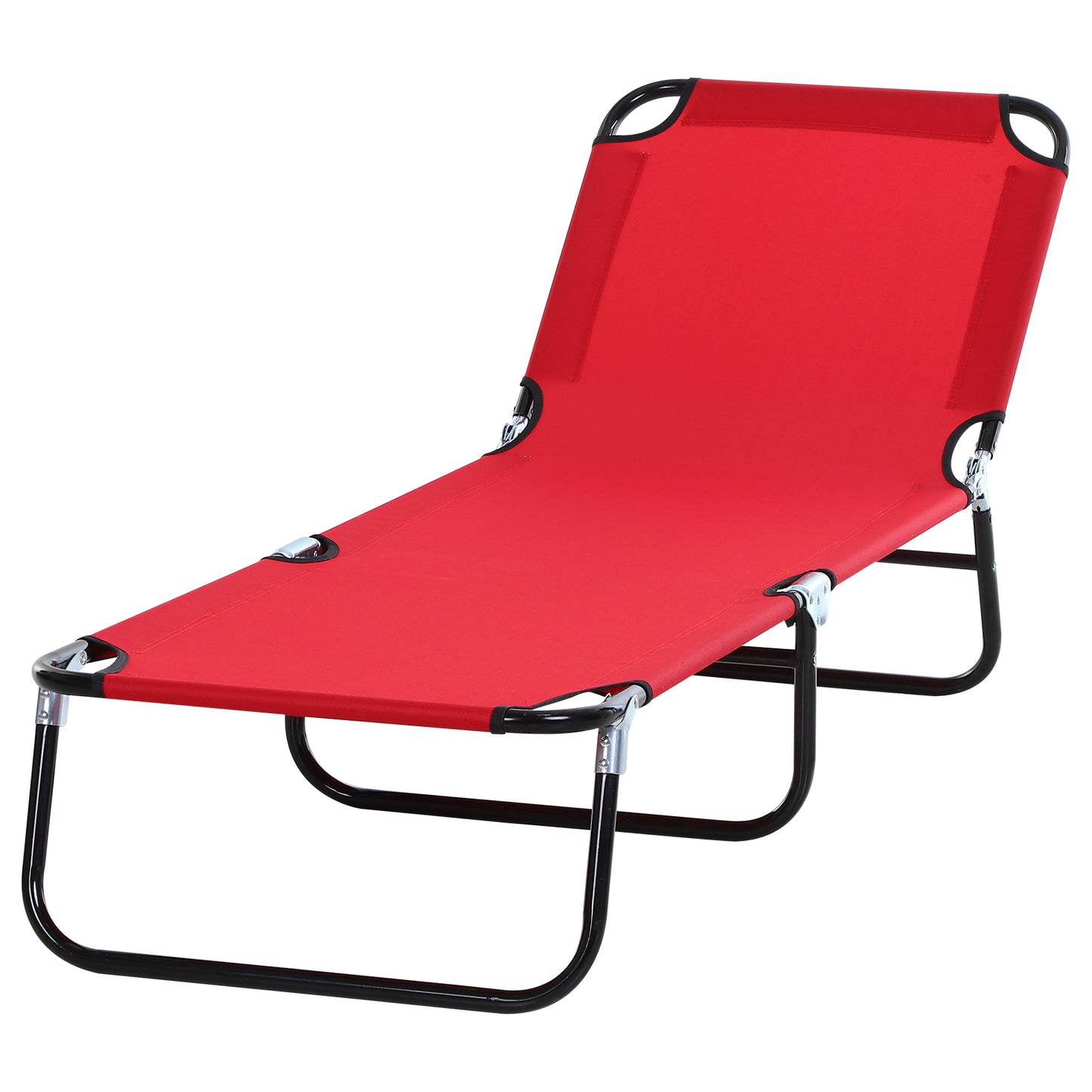 Red folding chaise lounge chair with black metal frame perfect for outdoor relaxation