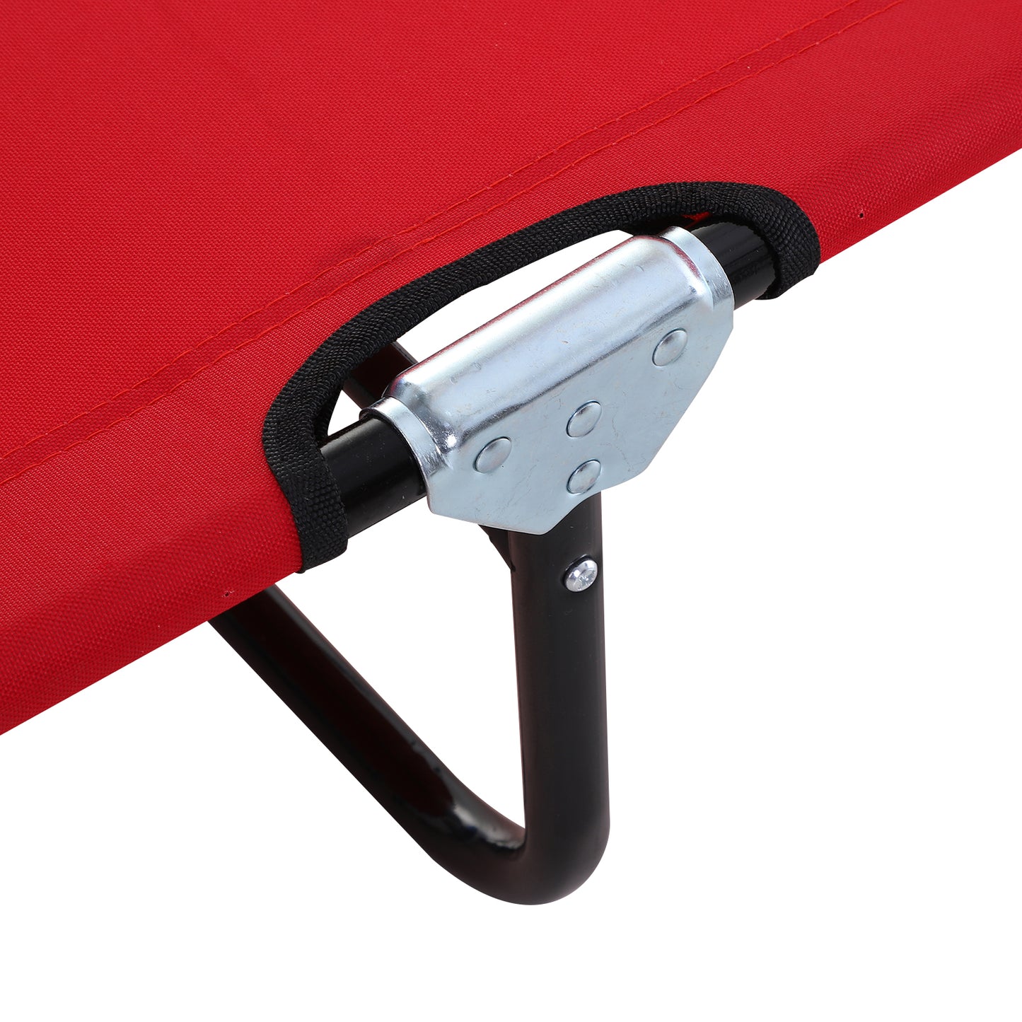 Closeup of red fabric on a folding cot with a silver metal hinge and black legs