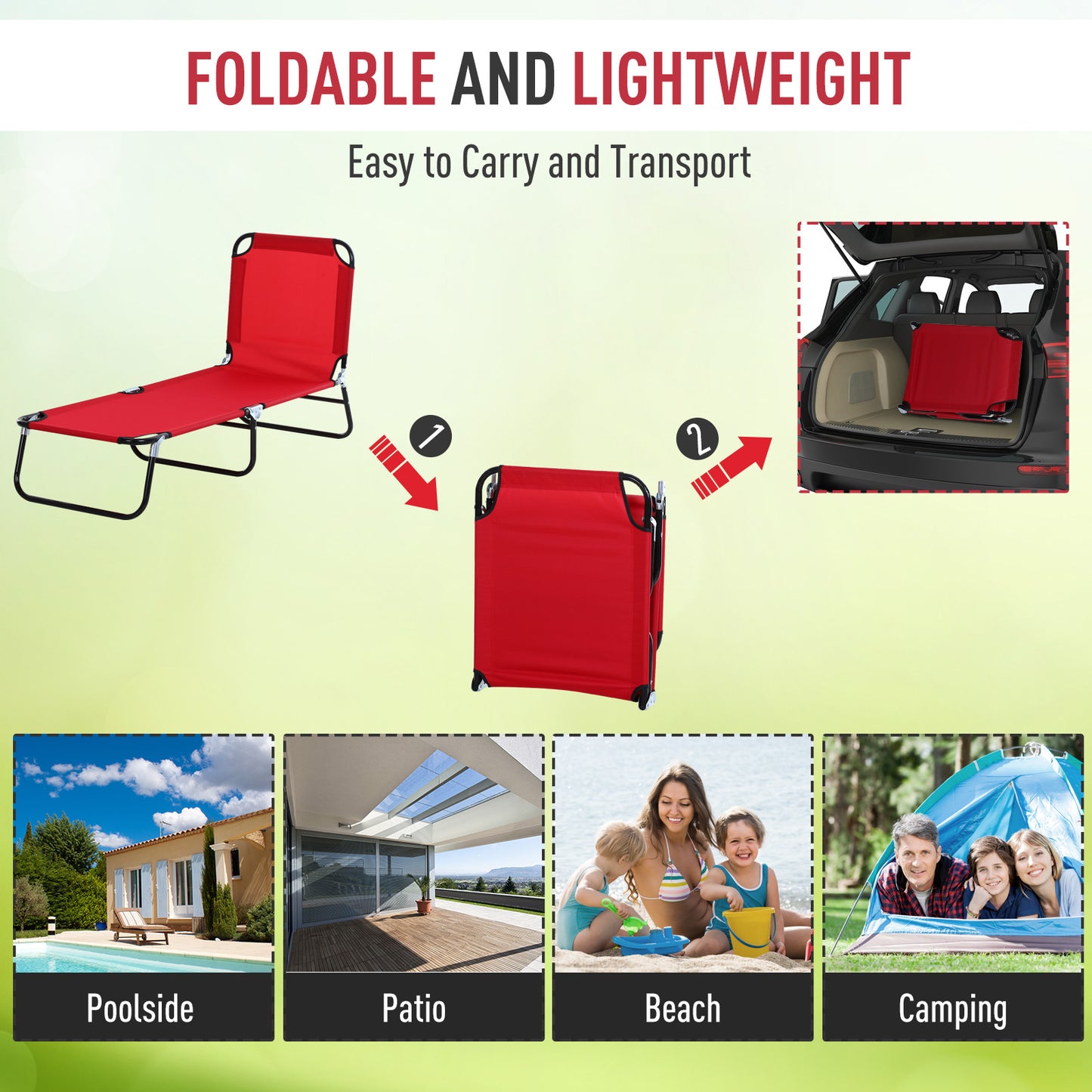 Red foldable chaise lounge chair shown extended ready for poolside relaxation