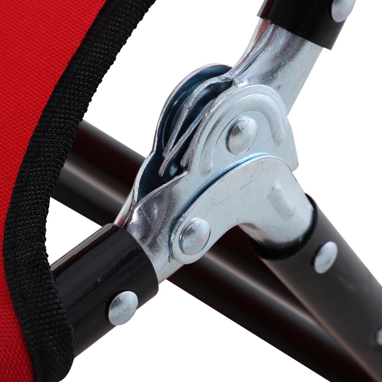 Red canvas camping chair with durable metal folding mechanism