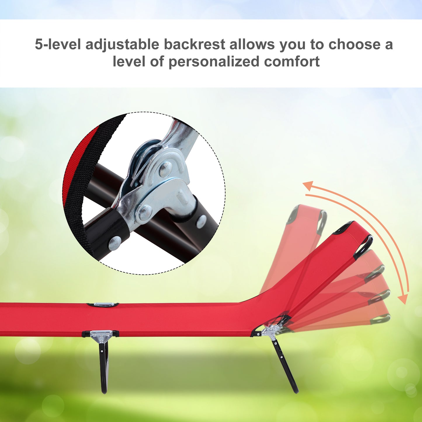 Red camping cot with level adjustable backrest and durable metal frame