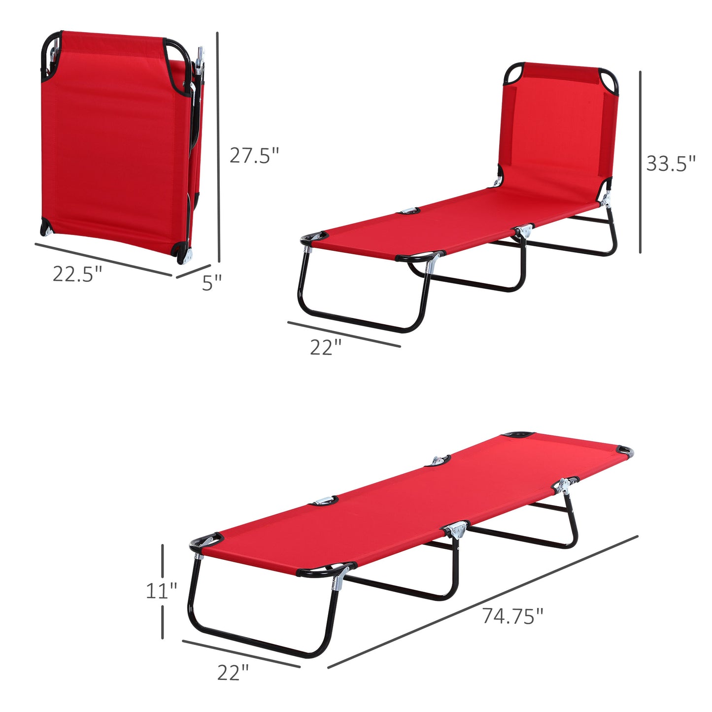 Red portable chaise lounge chair foldable for camping and travel black frame