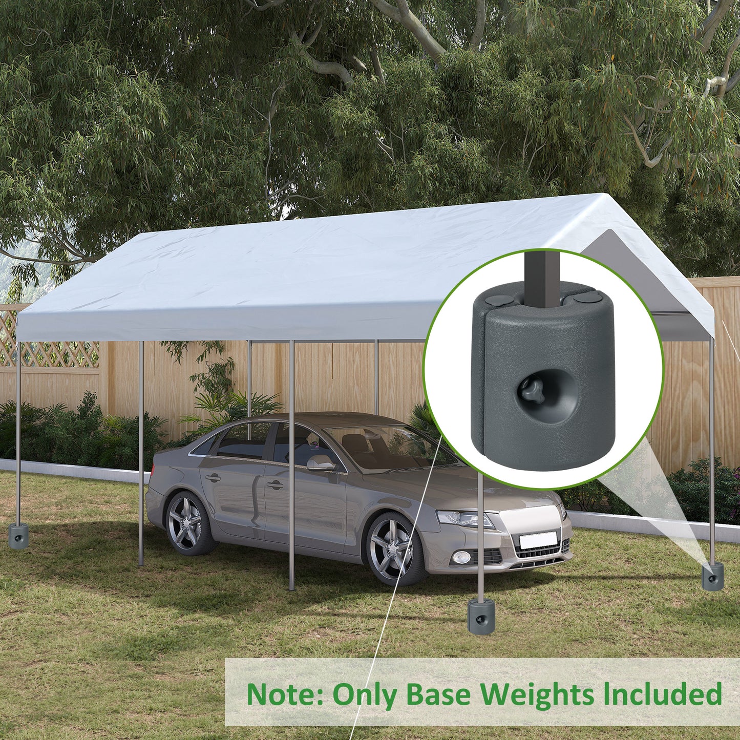 Gray canopy tent frame with white cover providing car protection includes base weights