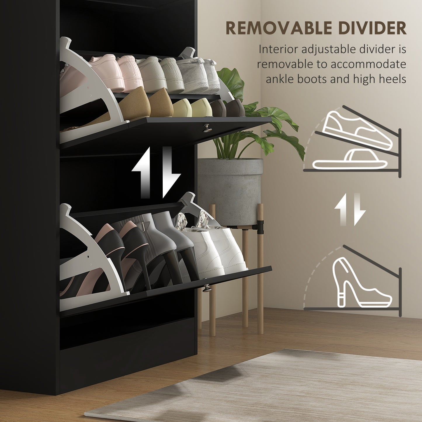 Black shoe cabinet with light pink and grey sneakers on top shelf