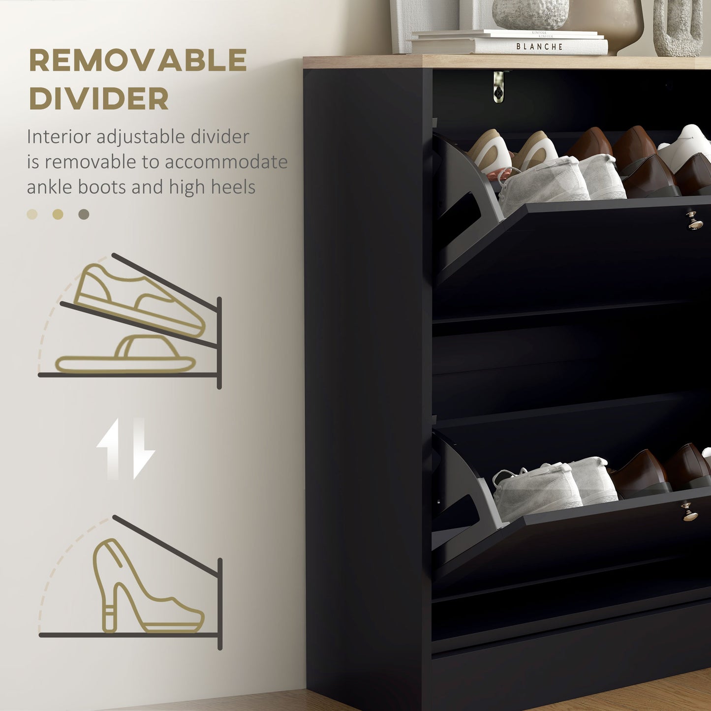 Black shoe cabinet with multiple angled shelves holding various footwear including loafers and heels