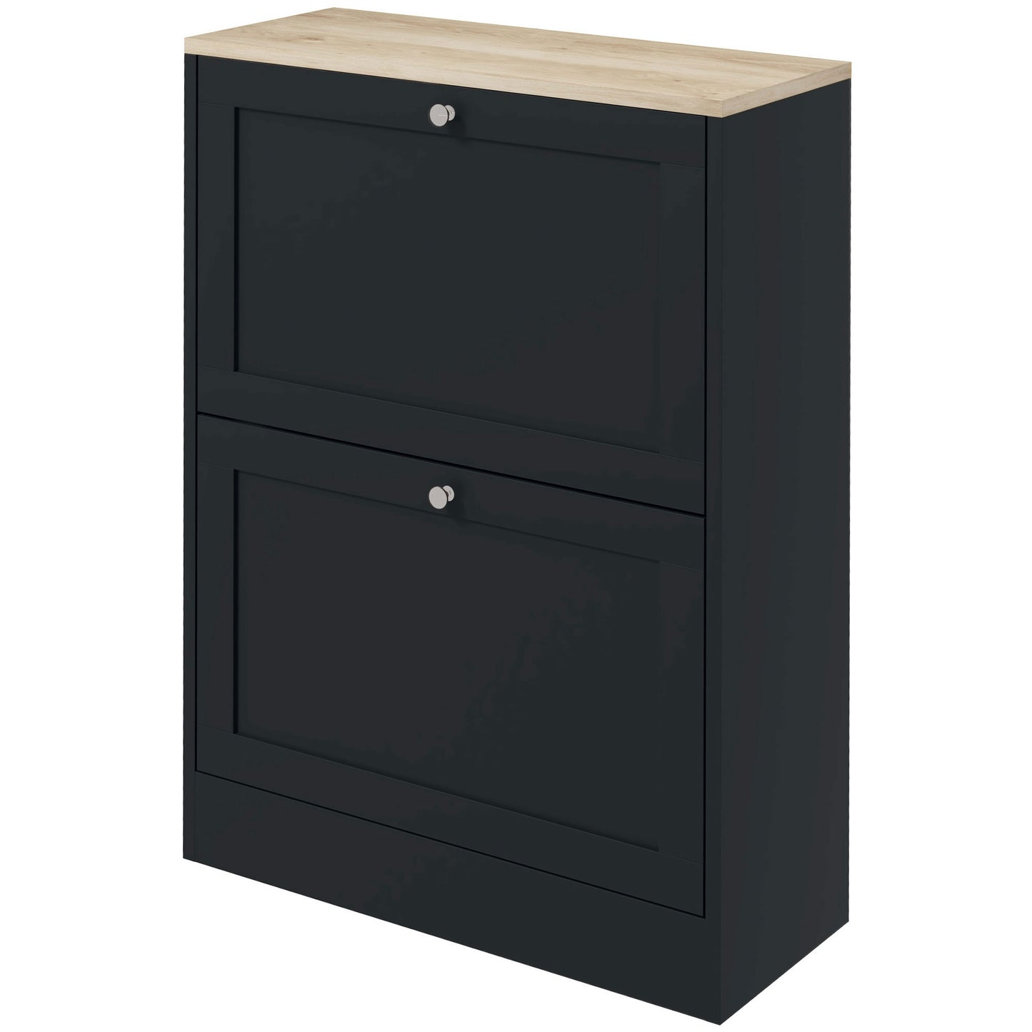 Dark gray twodoor shoe cabinet with wood top and silver knobs