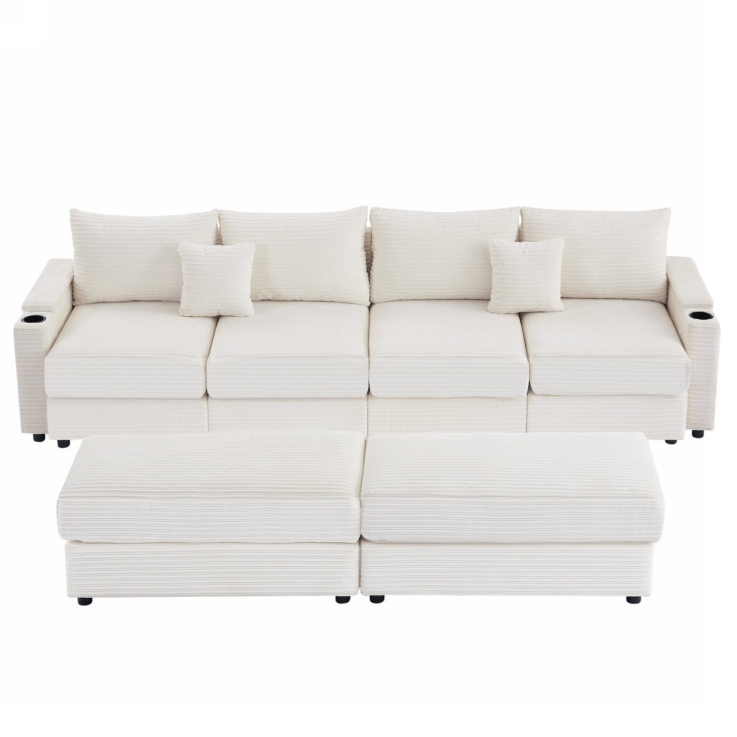 Cream corduroy modular sectional sofa with plush cushions and integrated cup holders