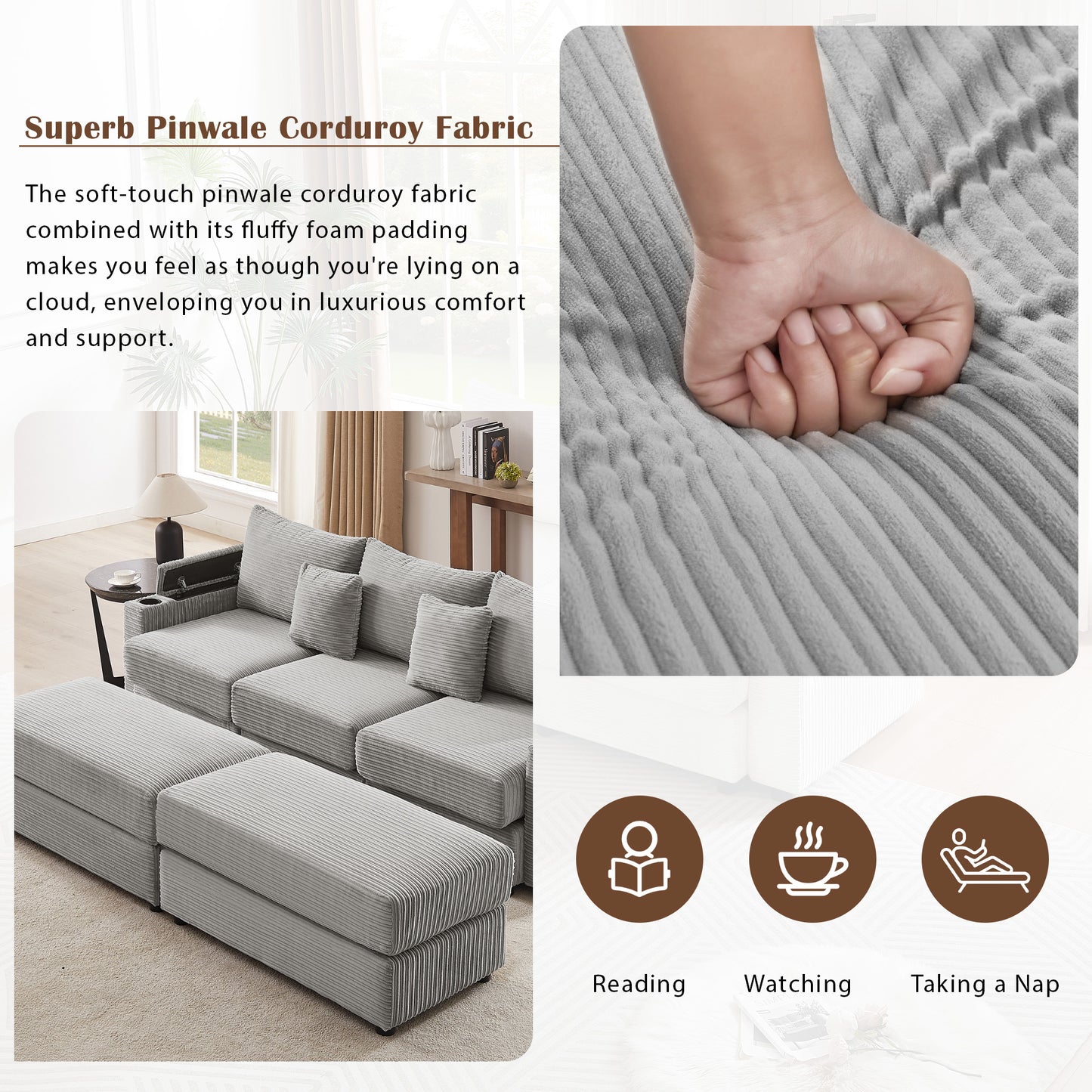 Gray pinwale corduroy modular sofa sectional with ottoman for living room