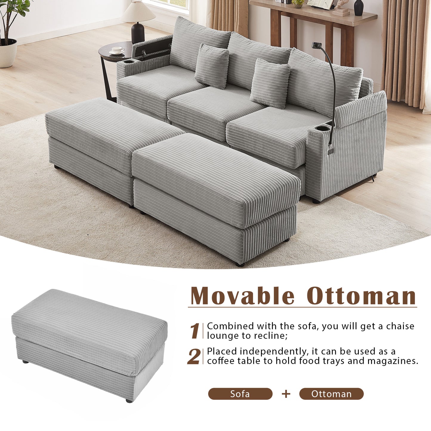 Gray corduroy sofa with movable ottoman perfect for a modern living room