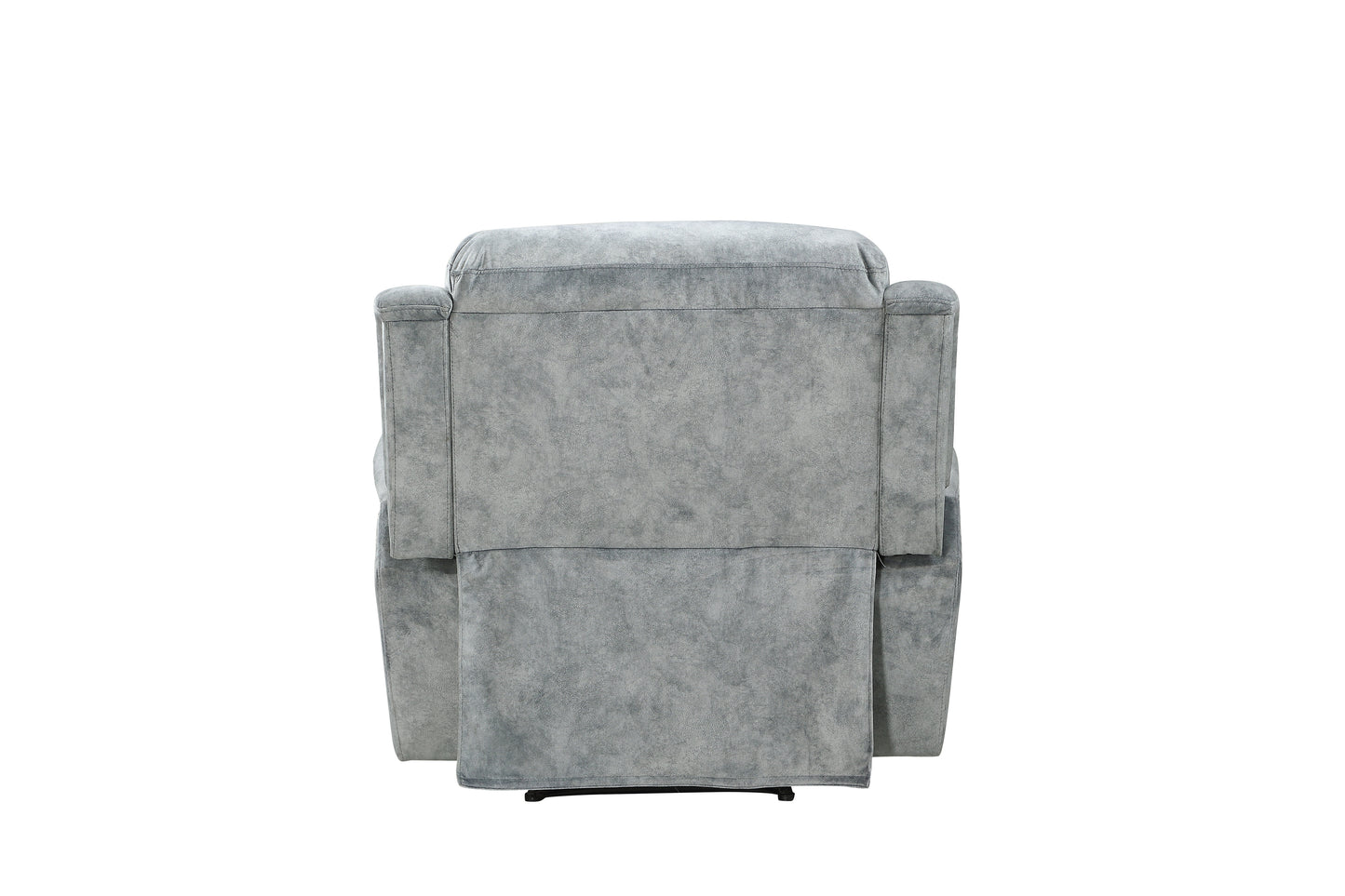 Back view of a plush grey reclining armchair with soft suedelike fabric upholstery